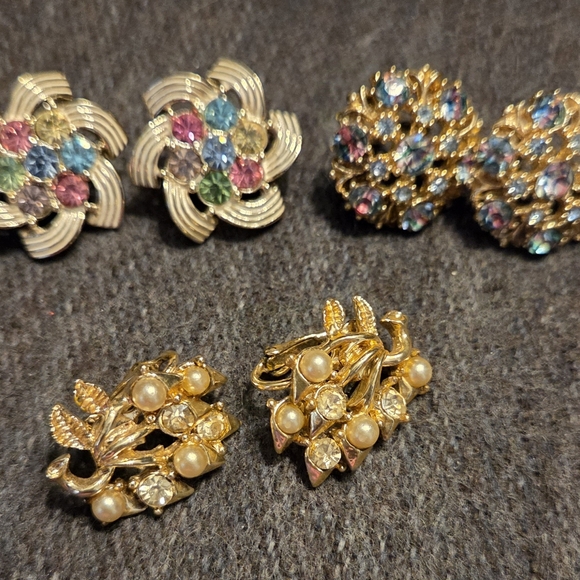 Trifari Jewelry - Lot of 3 Vintage Costume Jewelry Clip On Earrings Multi Color Rhinestones Coro